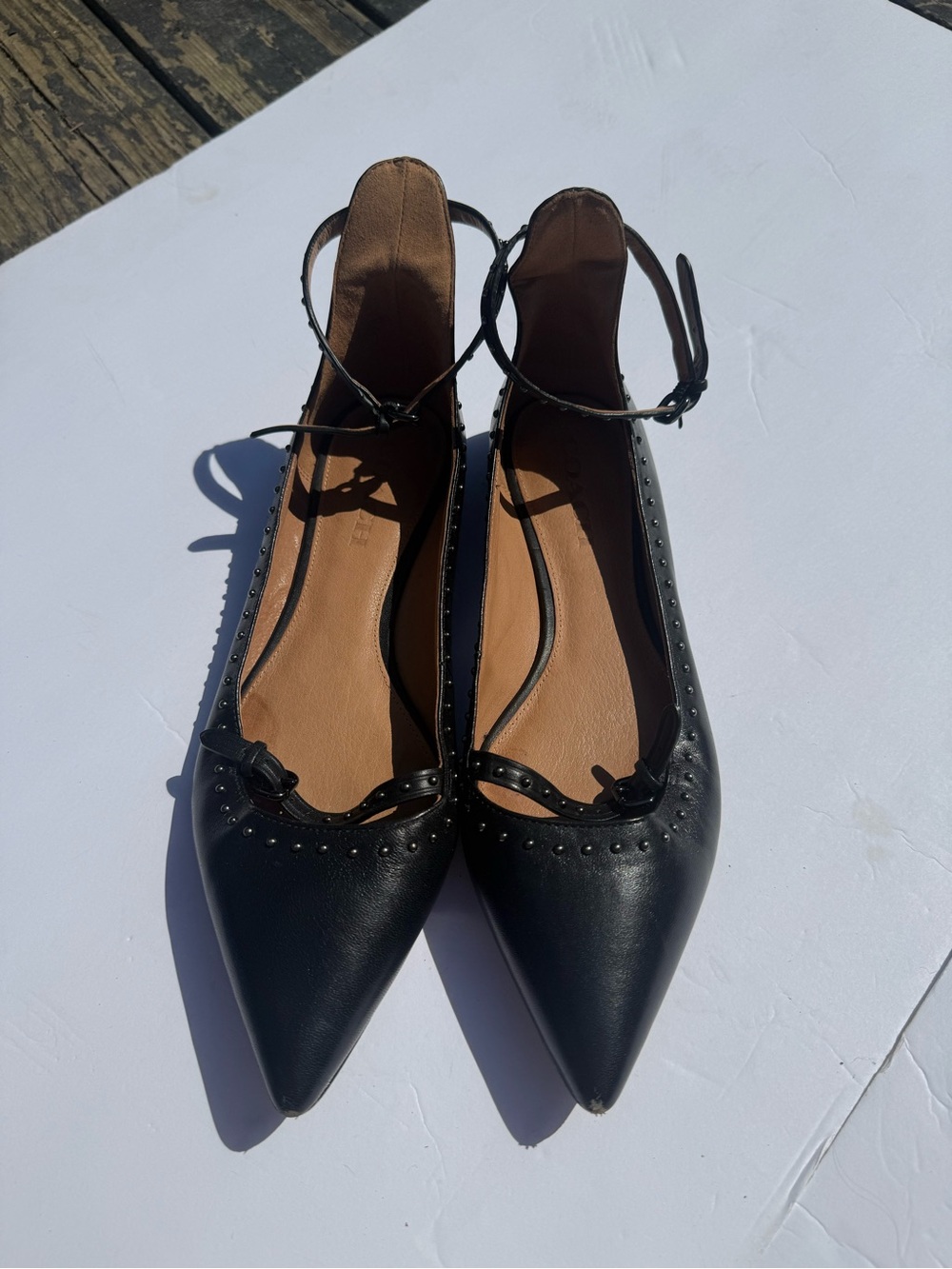 Coach Black Pointed-Toe Studded Ankle-Strap Flats